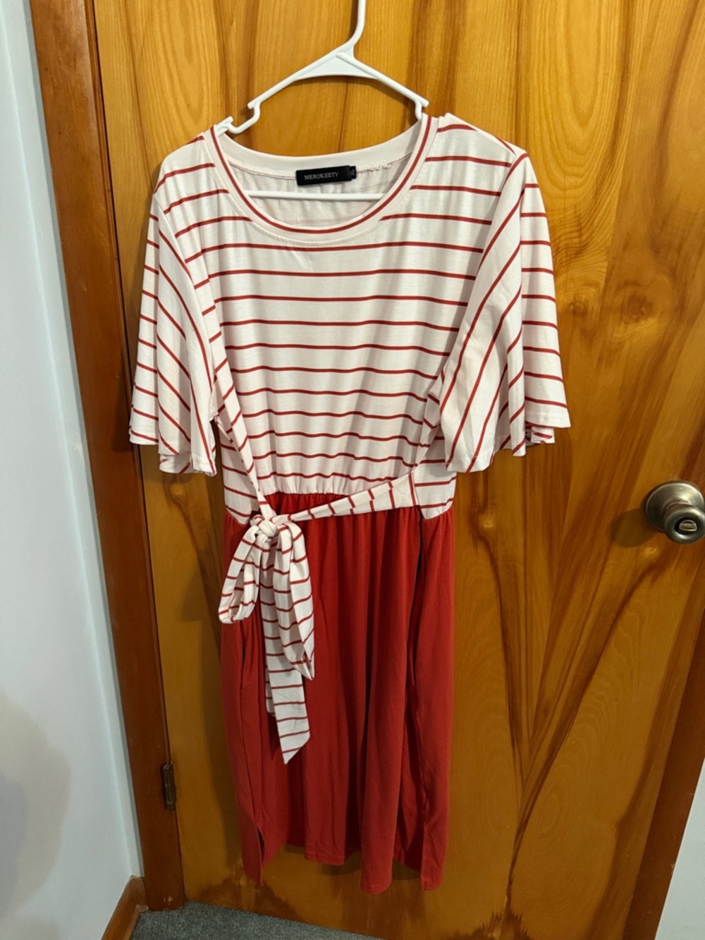 Merokeeley Burnt Orange & White Striped Tie-Waist Midi Dress